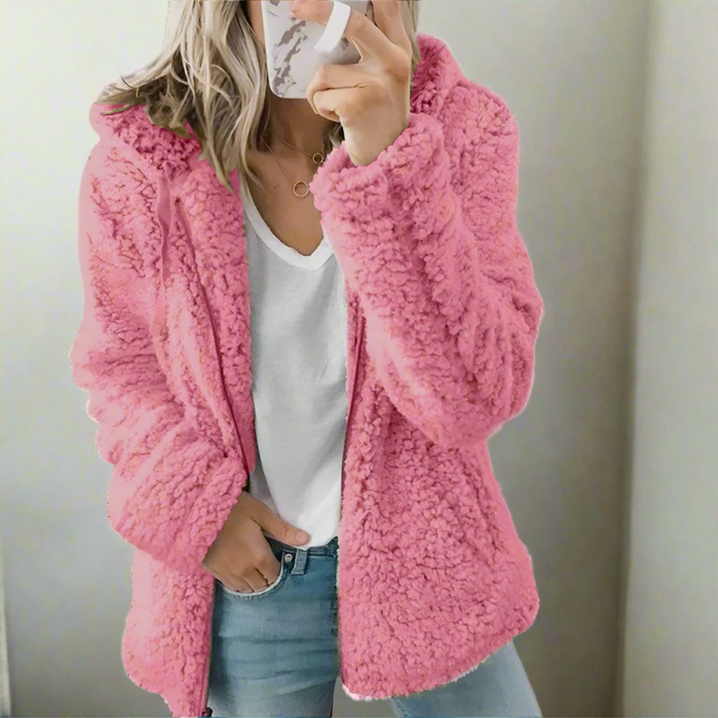 Drune | Teddy-Fleecejacke mit Kapuze Damen - weiche Winterjacke mit Reißverschluss