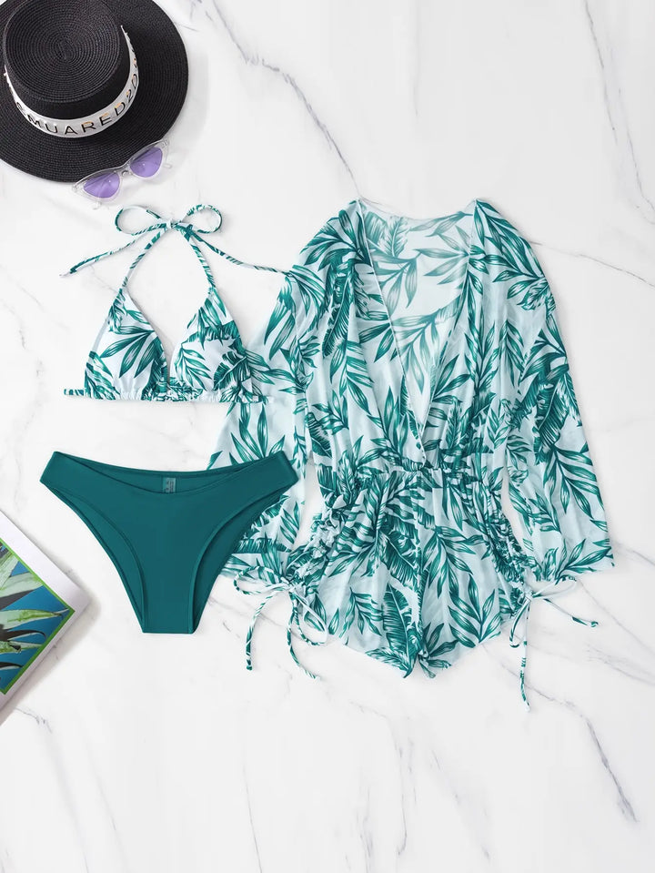 Drune | 3 Stück Bikini Tropischer Druck Badebekleidung Halter Schnürseite Badebekleidung Frauen Badeanzug Weiblich Schwimmen Sommer Strandbekleidung