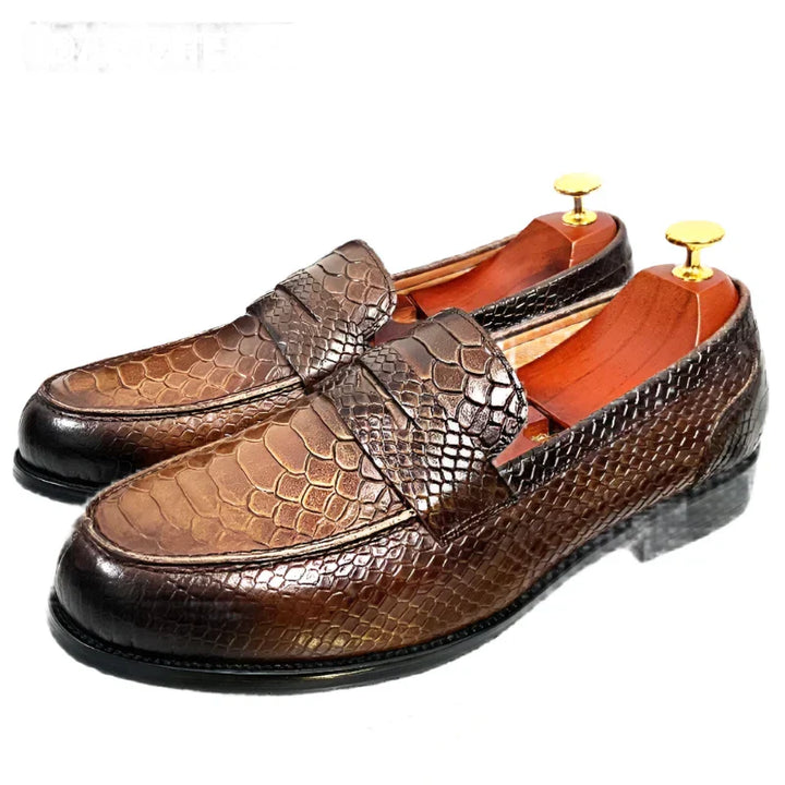 Drune | Luxus Schwarze Lederloafers Mit Schlangenprint
