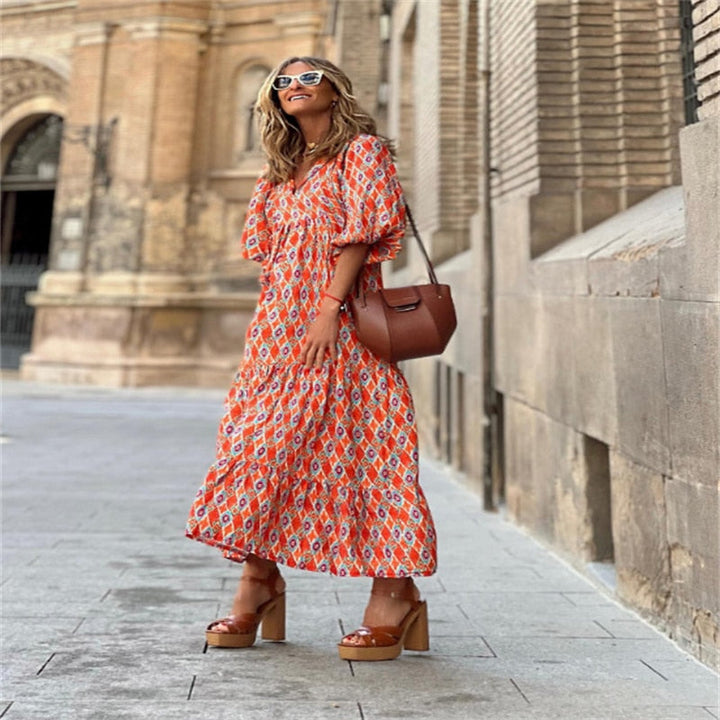 Drune | Geometrisches Kleid mit Puffärmeln für Frauen