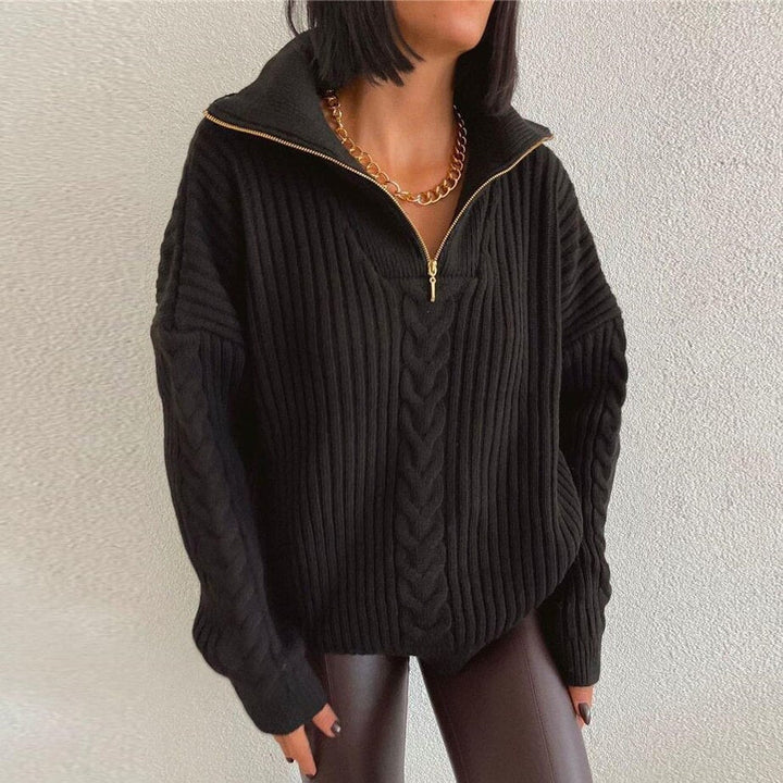 Drune V-Sweater | Bequemer Zopfpullover mit V-Ausschnitt, Rollkragen und Reißverschluss
