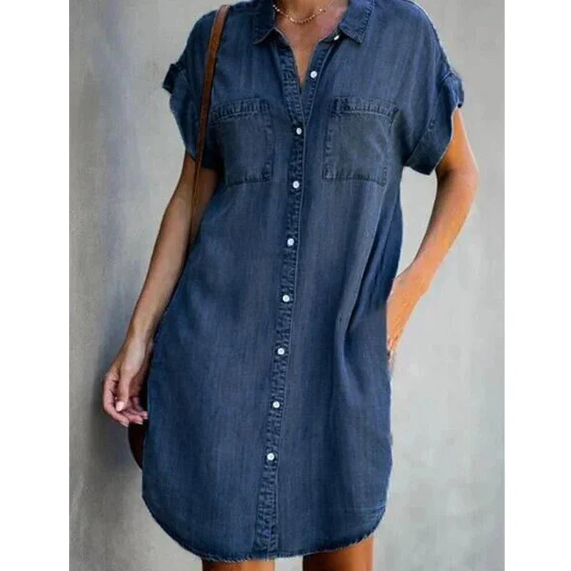 Drune | Lässiges Kurzärmeliges Mini Sommerkleid Aus Denim Für Damen Mit Knöpfen