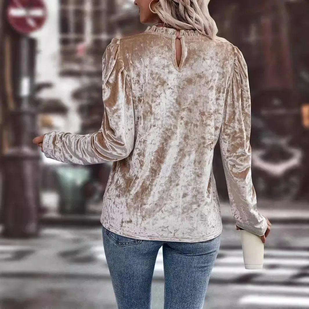 Drune | Veloursbluse mit Hohem Kragen Lange Ärmel Elegant und Weicher Stil