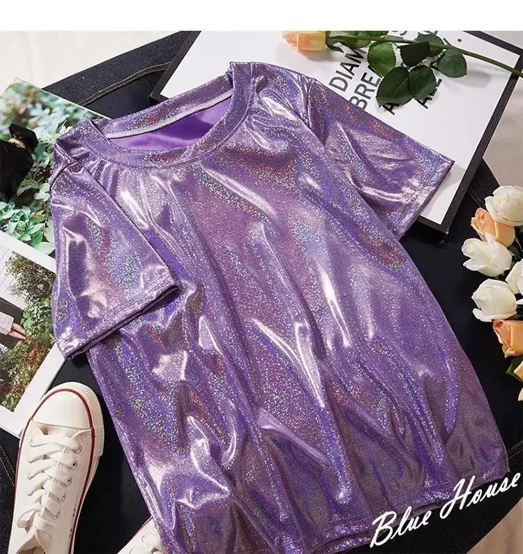 Drune | S 5Xl Damen Funkelnd Shiny Metallisch Holografisch Rundhals Kurzarm Lässig Lose Top Festival Party T-Shirt Damenbekleidung