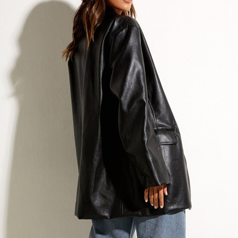 Drune | Damenblazer mit PU-Leder und Knopfverschluss