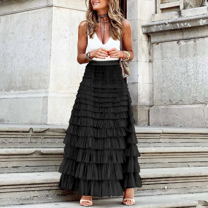 Drune | Lässig Damen Solide Ballkleid Lange Rock Tüll Hohe Taille Plissierte Tutu Rock Elegante Damen Wildes Netz Dating Maxi Röcke Drop