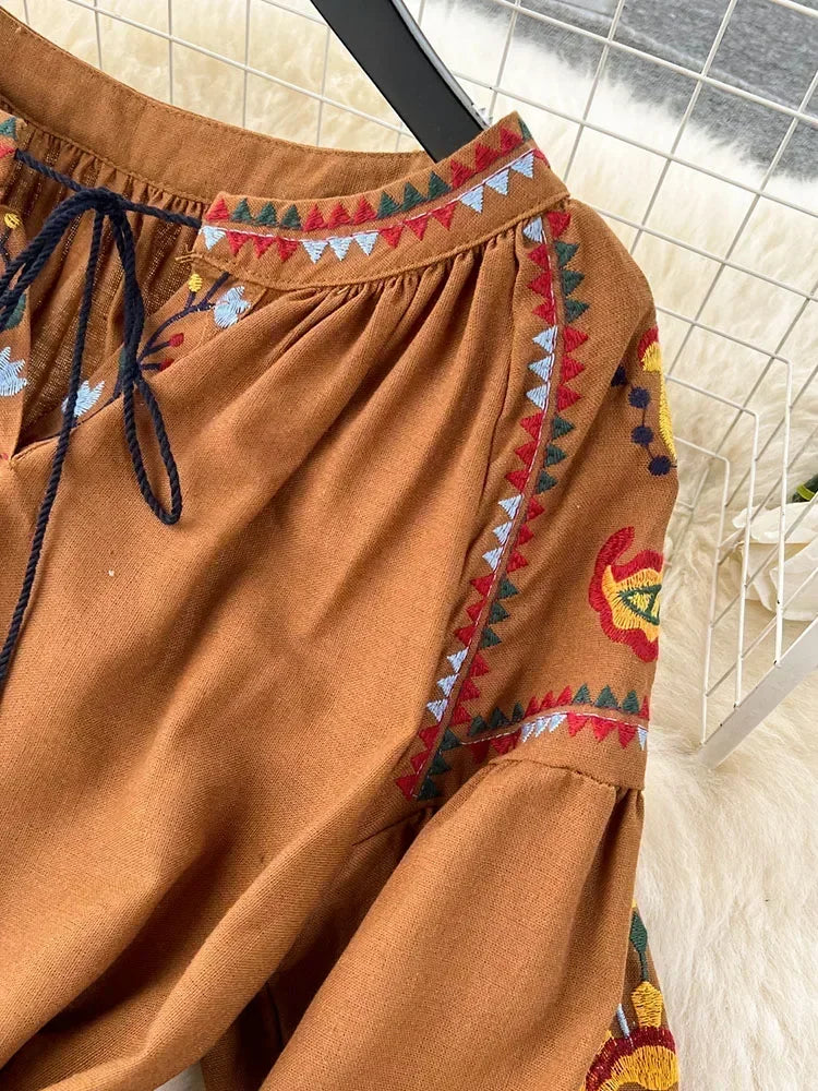 Drune | Bestickte Maxikleid aus Leinen mit Laternenärmeln Virjelyn