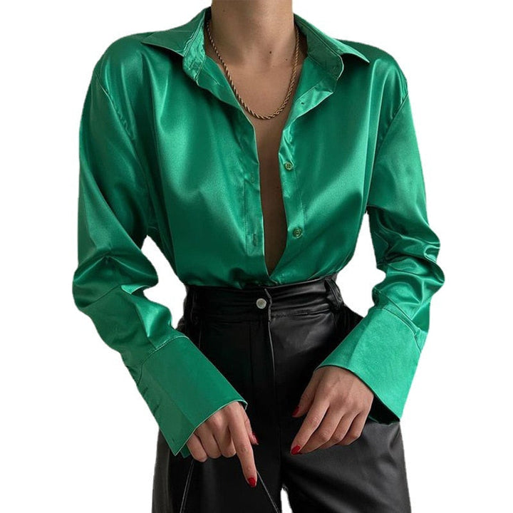 Drune | Satinierte Bluse Mit Polo Kragen Seidenbluse Fürs Büro Weinlese Design Mit Lockerer Knopf Elegante Mode