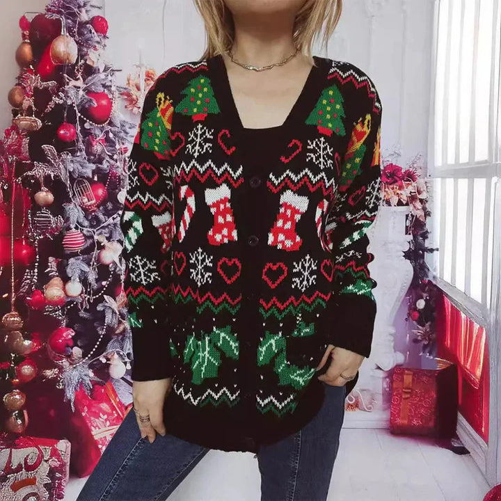 Drune | Strickjacke - Strick - Knopfverschluss - Festliches Design mit Weihnachtsmuster - V-Ausschnitt