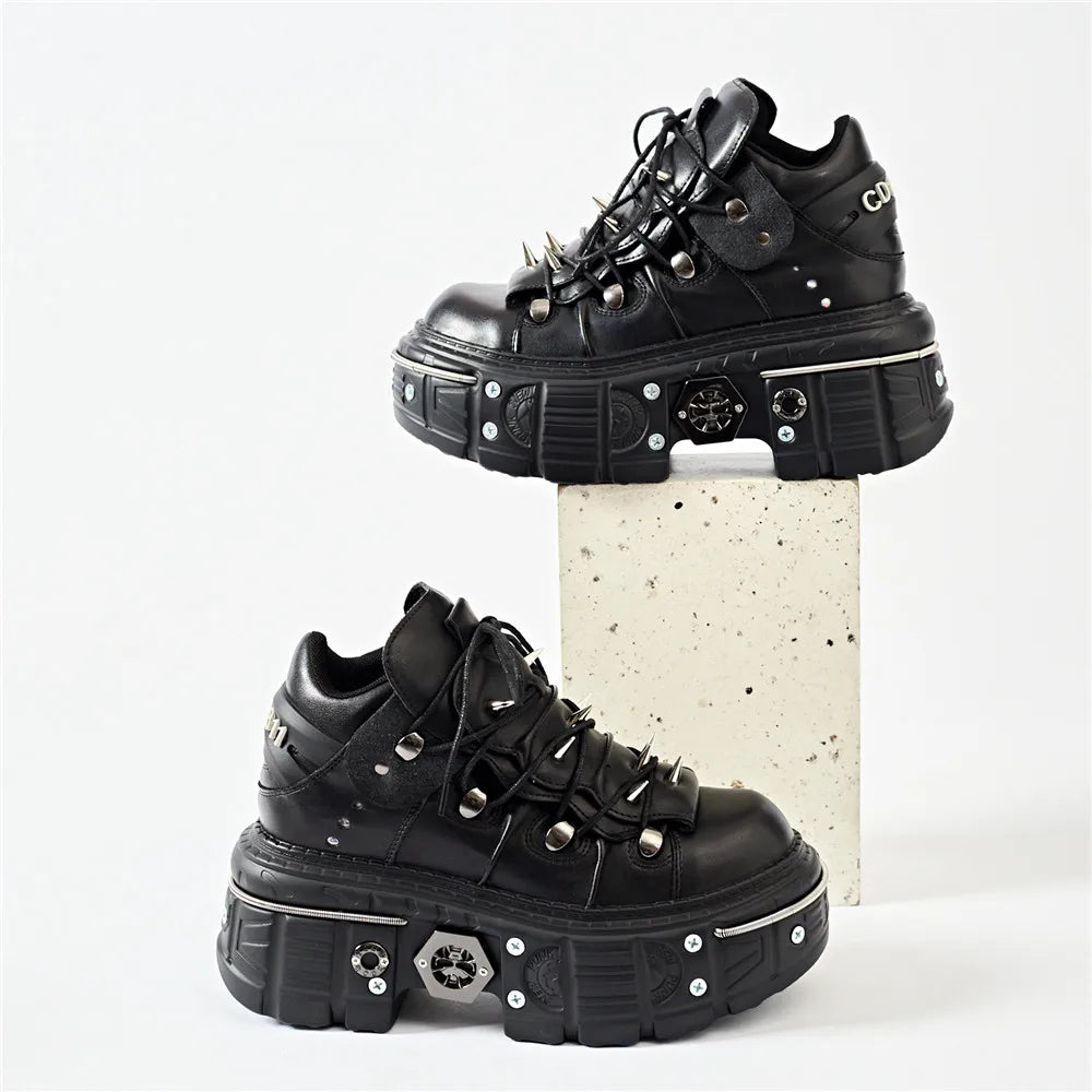 Drune | Fashion Frauen Ankle Boots Damen Dünne Absätze Runde Spitze Schnürsenkel Metall Dekoration Sneakers Fräulein Nieten Punk Gothic Rock Schuhe