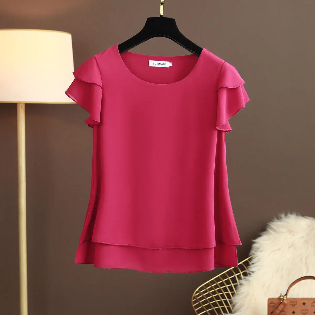 Drune | Chiffon Bluse mit O-Ausschnitt und Kurzen Ärmeln