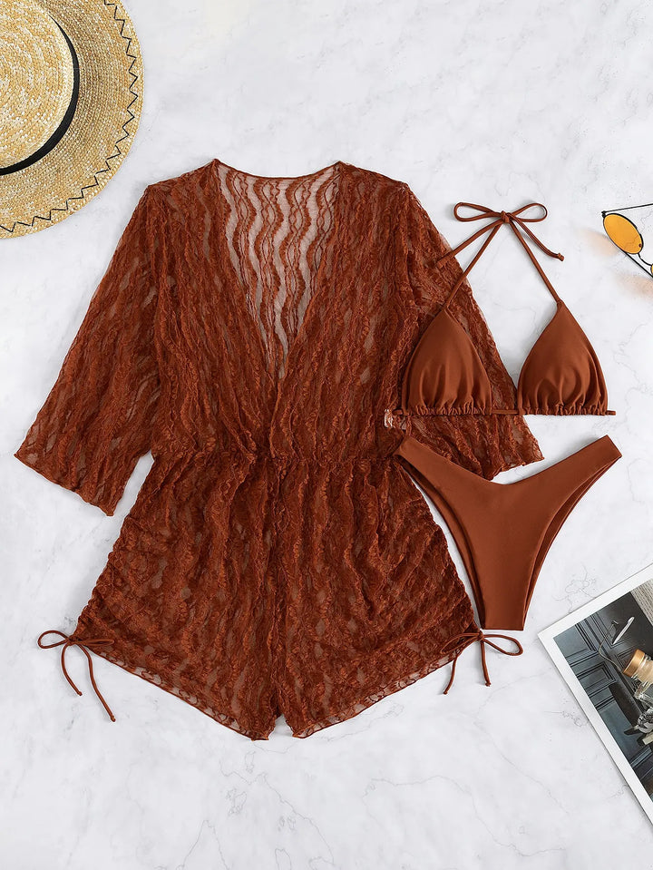 Drune | 3 Stück Bikini Tropischer Druck Badebekleidung Halter Schnürseite Badebekleidung Frauen Badeanzug Weiblich Schwimmen Sommer Strandbekleidung