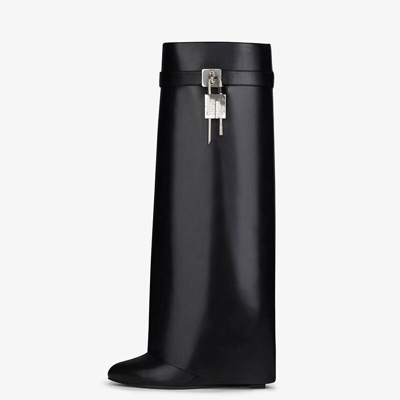 Drune | Damen Kniehoge Stiefel Shark Lock Lange Dicke Sohlen High Heels Stiefel Designer Luxusmarke Damen Lederstiefel
