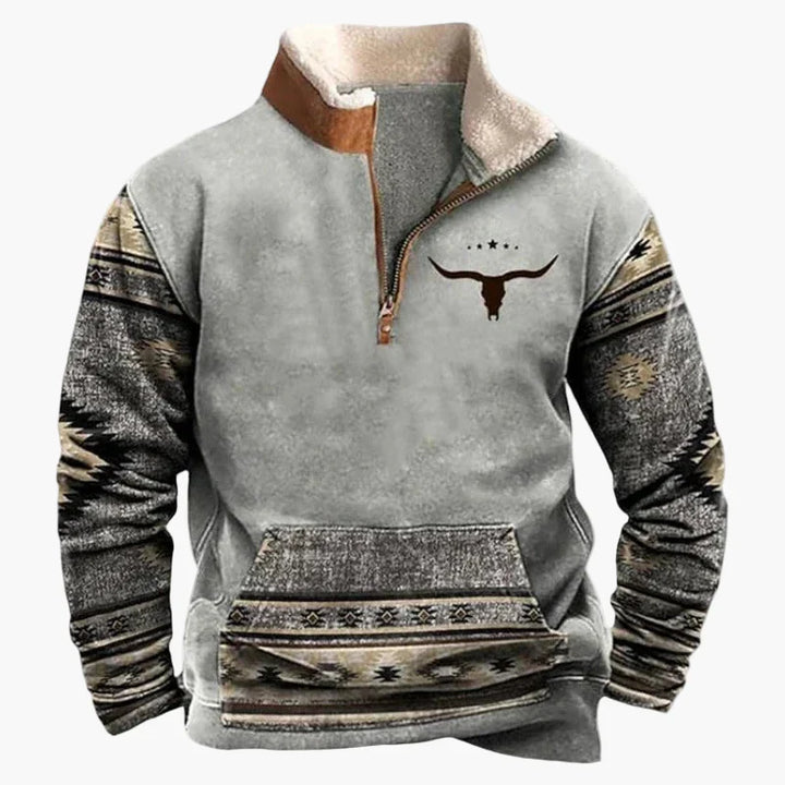 Drune | Vintage Western Half-Zip Pullover mit Ethno-Muster für Outdoor und Freizeit