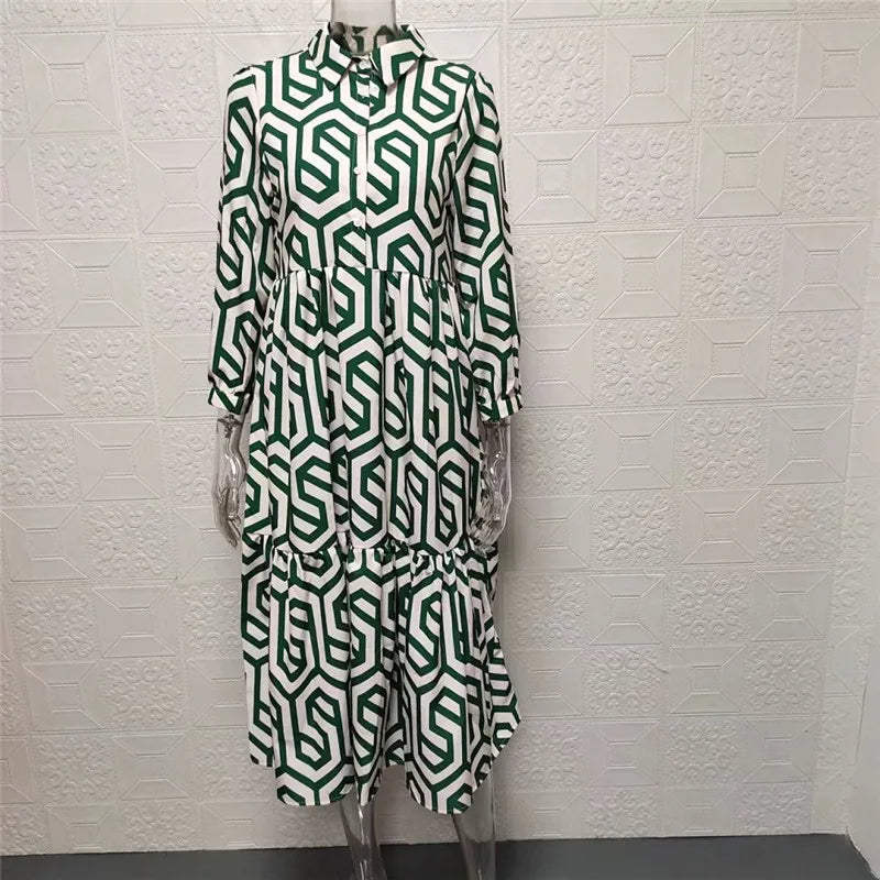 Drune | Langarm Maxikleid mit Geometrischem Druck für Frauen Winsett