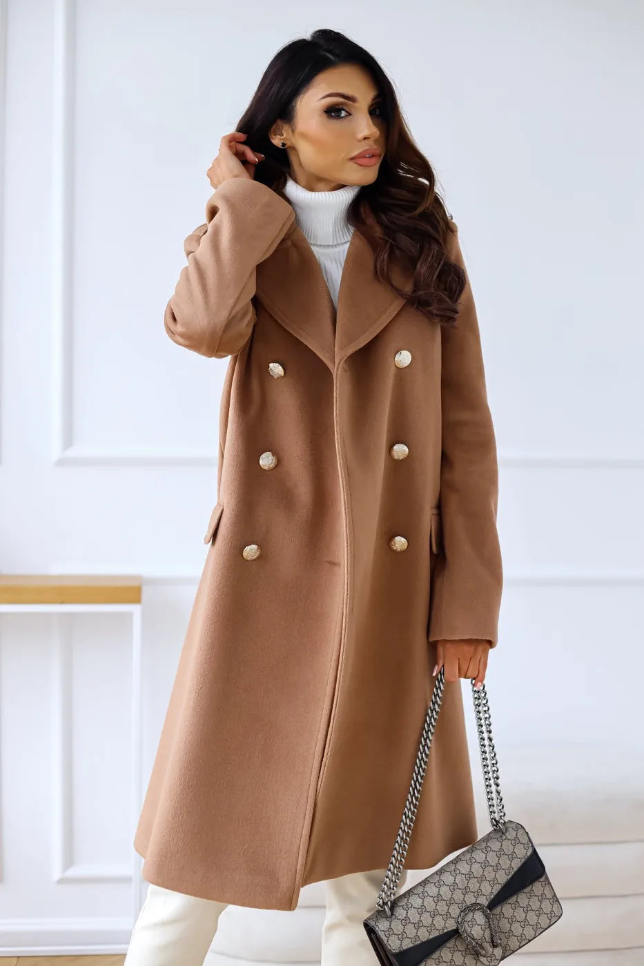 Drune | Damen Doppelreihiger Mantel - Wollmischung - Mittellang - Reverskragen - Elegante formelle Kleidung