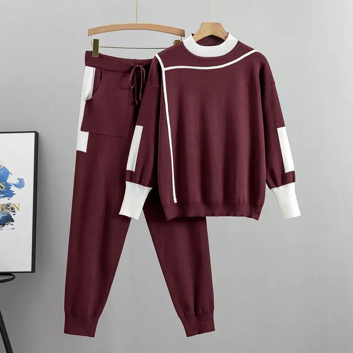 Drune | Lässiges Herbst Strick Patchwork Oberteil und Hose Set für Frauen