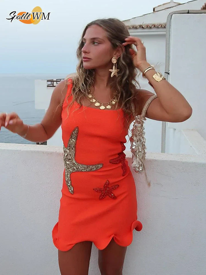 Drune | Chic Shinny Seestern Print Rüschensaum Mini Kleid Fashion Bodycon Ärmellos Rückenfrei Kurz Vestidos Sommer Weibliche Strandkleider