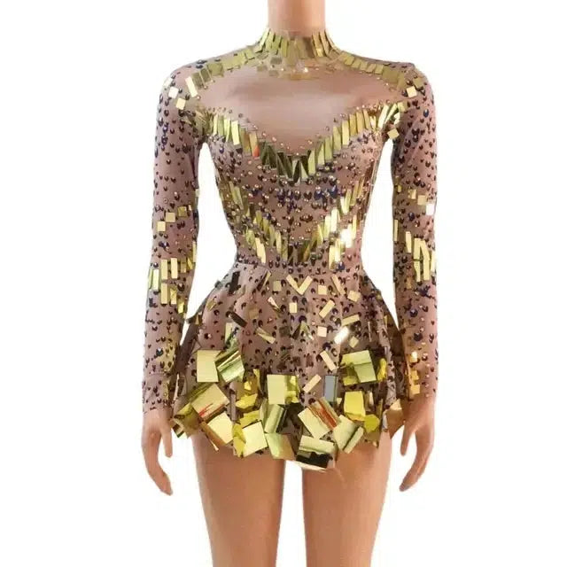 Drune | Spiegel Party Kleid Schwarz Stretch Bühnen Tanzkleid