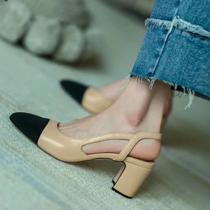 Drune | Aprikose Frauen Pumps Mittelhohe Absätze Gemischte Farben Runde Spitze Legere Schuhe Damen Sandalen Festkleid Slingbacks Damen Schuhe Trend