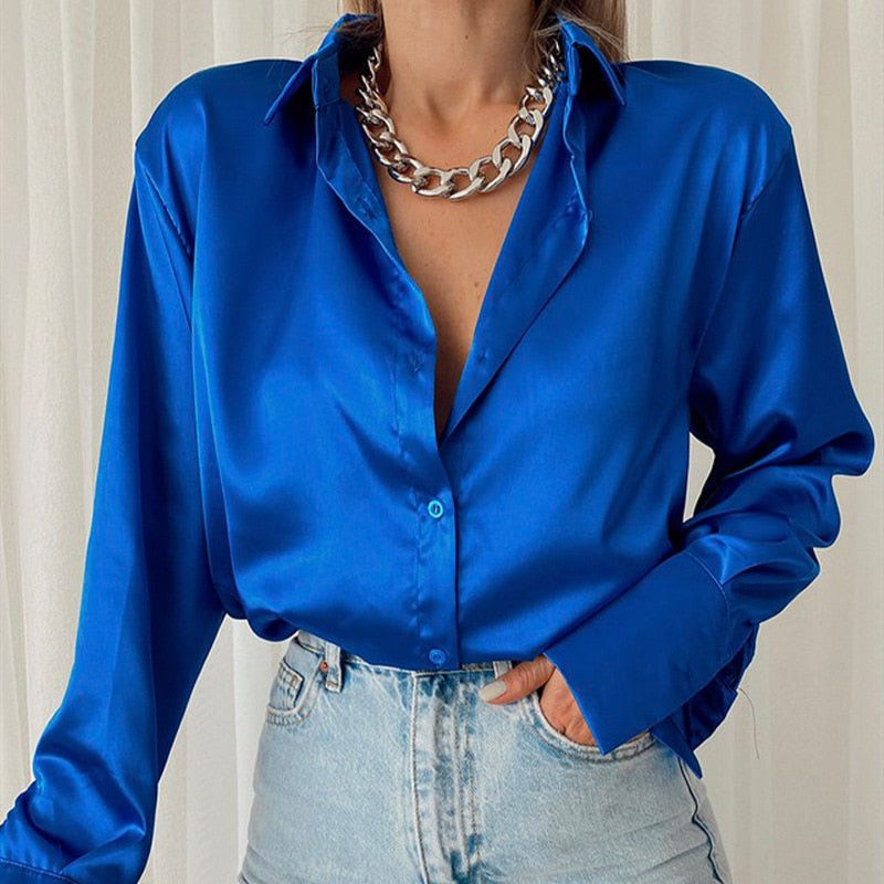 Drune | Satinierte Bluse Mit Polo Kragen Seidenbluse Fürs Büro Weinlese Design Mit Lockerer Knopf Elegante Mode
