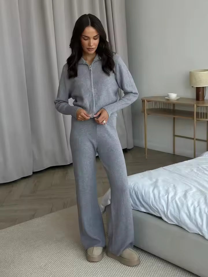 Drune | Damen 2 Teiliges Loungewear Satz mit Reißverschlussjacke und Weitem Hosen