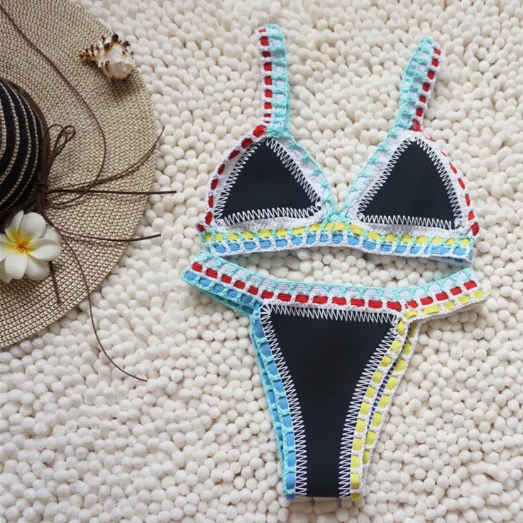 Drune | Gestrickter Bikini 2 Teilig Schwimmanzug für Frauen, Sommerstrandurlaub Badebekleidung, Sexy Dreieckiger Cup V-Ausschnitt Träger-Schwimmbekleidung