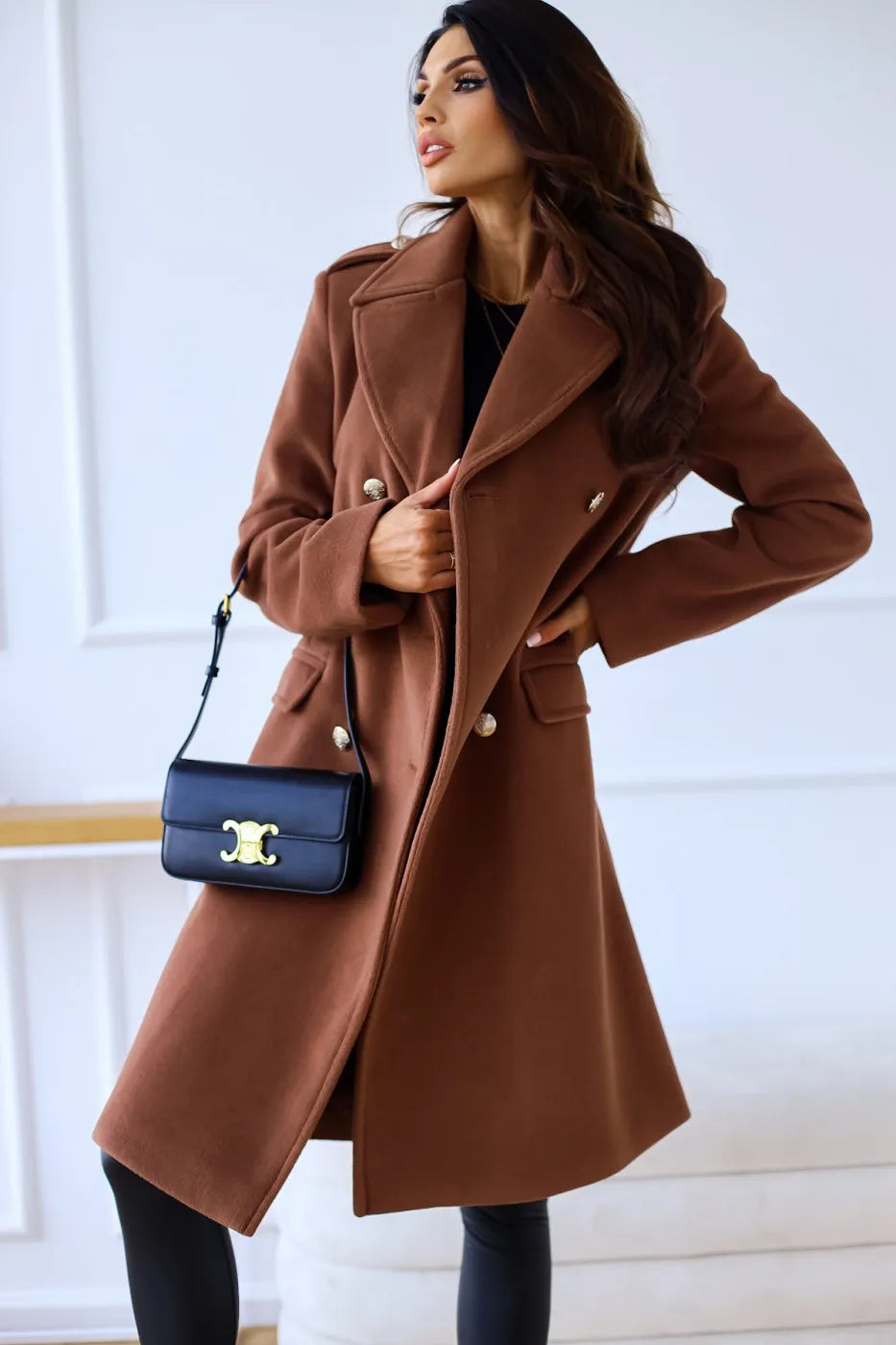 Drune | Damen Doppelreihiger Mantel - Wollmischung - Mittellang - Reverskragen - Elegante formelle Kleidung