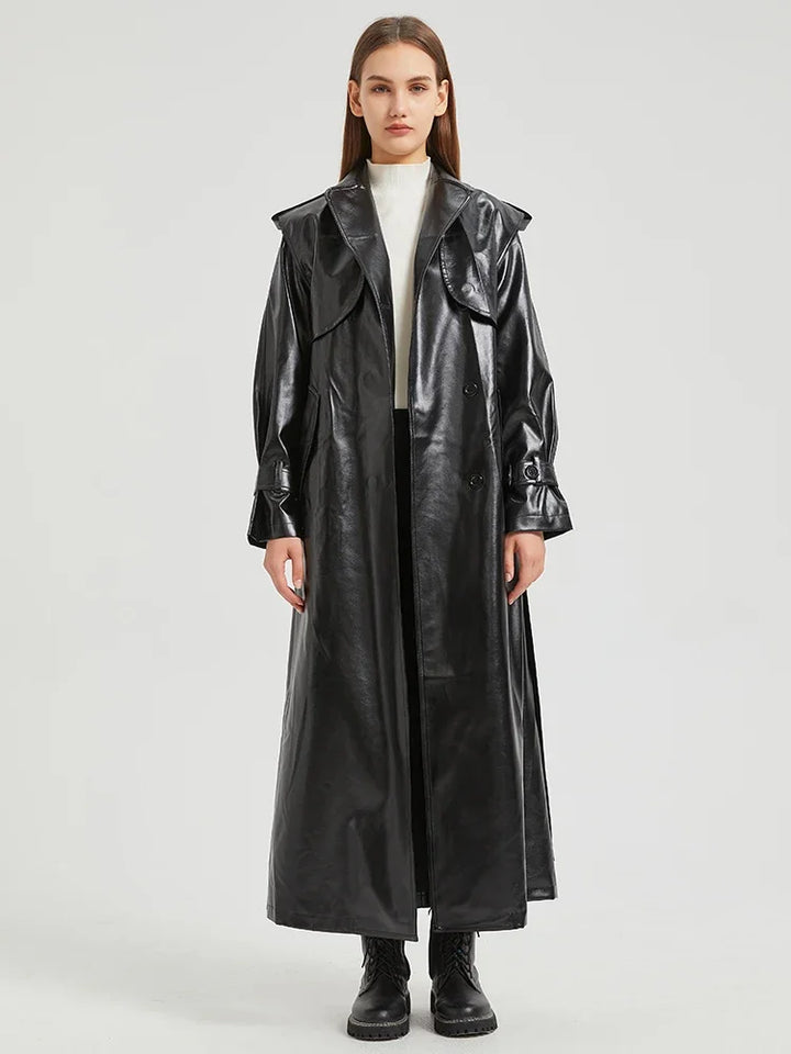 Drune | Lautaro Herbst Extra Lange Gold Glänzend Patent Pu Leder Trenchcoat für Frauen Einfache Schnalle Luxus Designer Übermantel