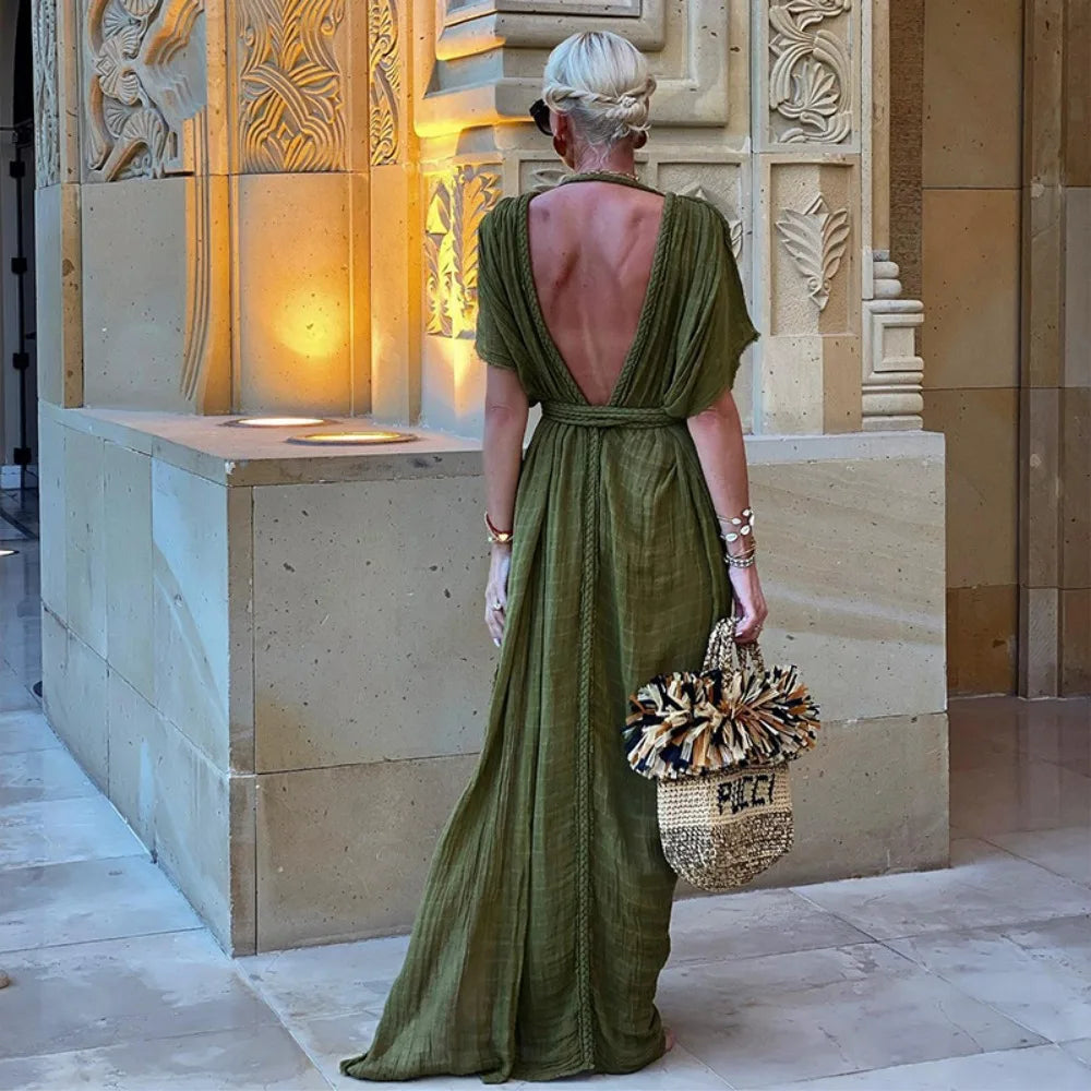 Drune | Grüne Bohemia Ferienanzug Frauen Elegant Solid Lässig Lockere Lange Kleider Sommer Sexy Geshitzte Rückenfreier Maxi Strandkleid Neu
