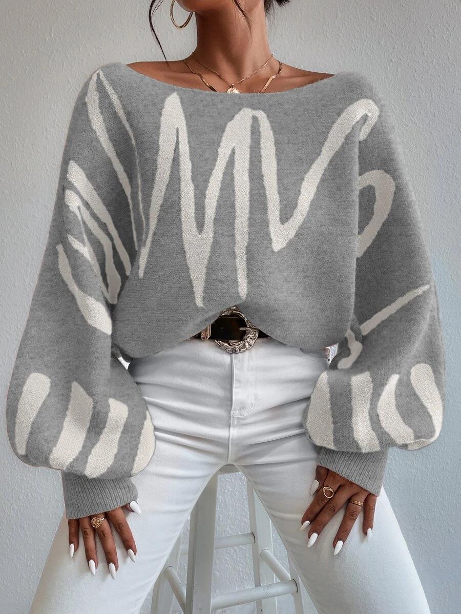 Drune Pullover | Hellgrauer schulterfreier Oversized-Pullover mit Puffärmeln