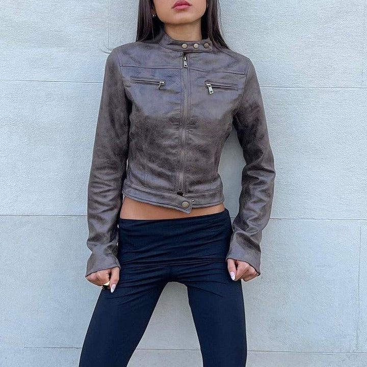 Drune | Vintage Kunstlederjacke mit Reißverschlusstaschen
