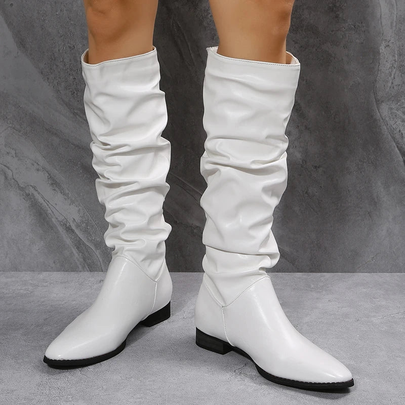 Drune | Knielange Punk-Stil Falten Pu-Leder Stiefel