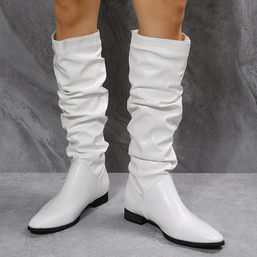 Drune | Knielange Punk-Stil Falten Pu-Leder Stiefel