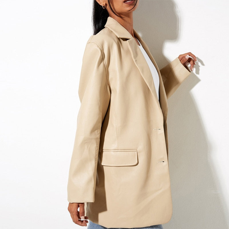 Drune | Damenblazer mit PU-Leder und Knopfverschluss
