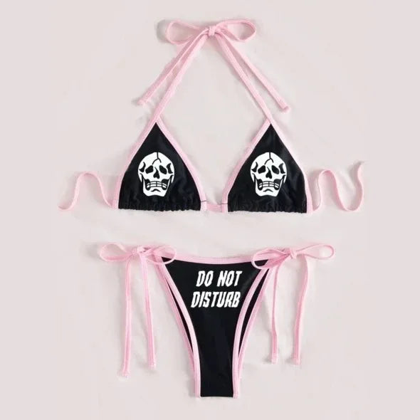 Drune | Sexy Goth Bikini Frauen Buchstaben Totenkopf Druck Badeanzug Split Badeanzug Hohe Taille Gotische Bikini Set Strandoutfits