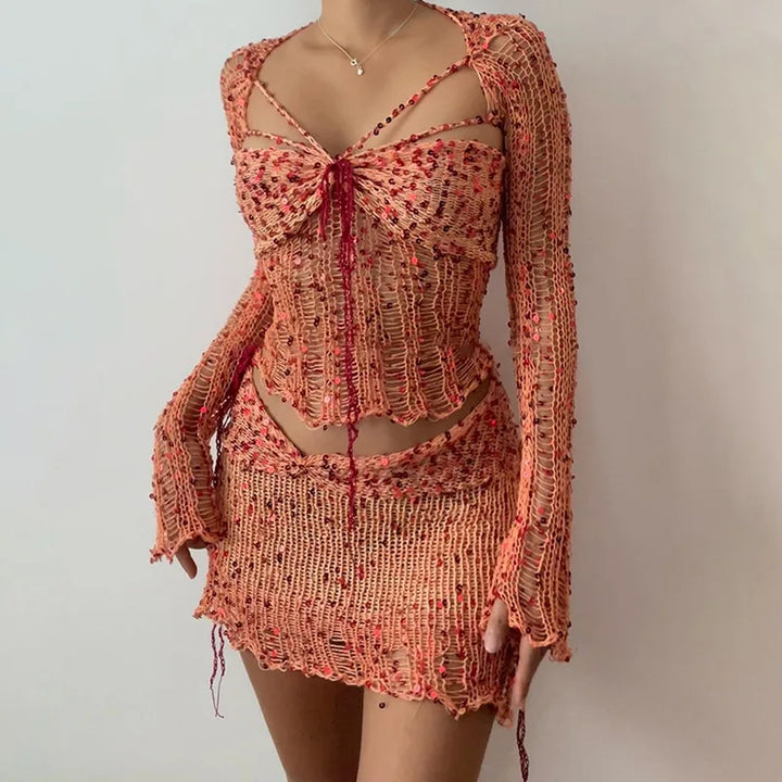 Drune | Paillettengehäkelter Langärmliger Croptop und Minibodyconrock Zweiteiliges Satz