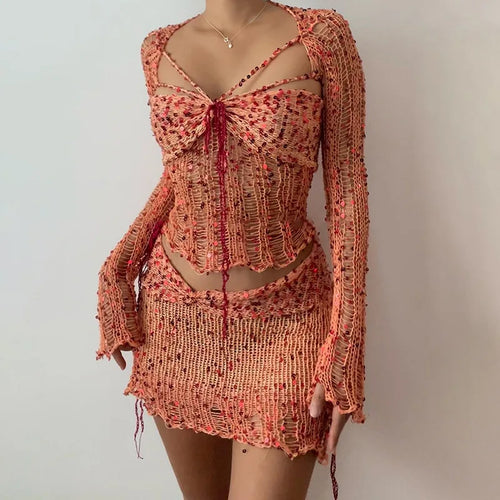Drune | Paillettengehäkelter Langärmliger Croptop und Minibodyconrock Zweiteiliges Satz