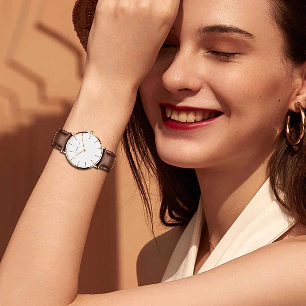 Drune | Runde Zeitlose Minimalistische Uhr Mit Lederarmband Für Frauen
