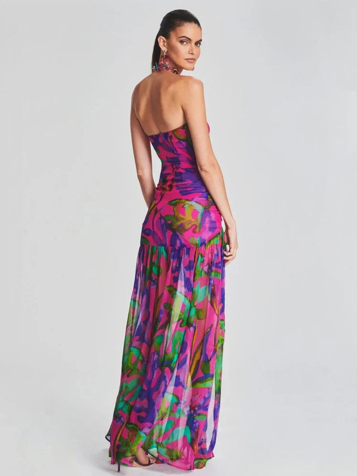 Drune | Neues Sommerdruck Strapless Mesh Patchwork Schlitz Lang Kleid Frauen Sexy Ärmellos Gedruckt Bunt Ferien Maxi Kleid Party