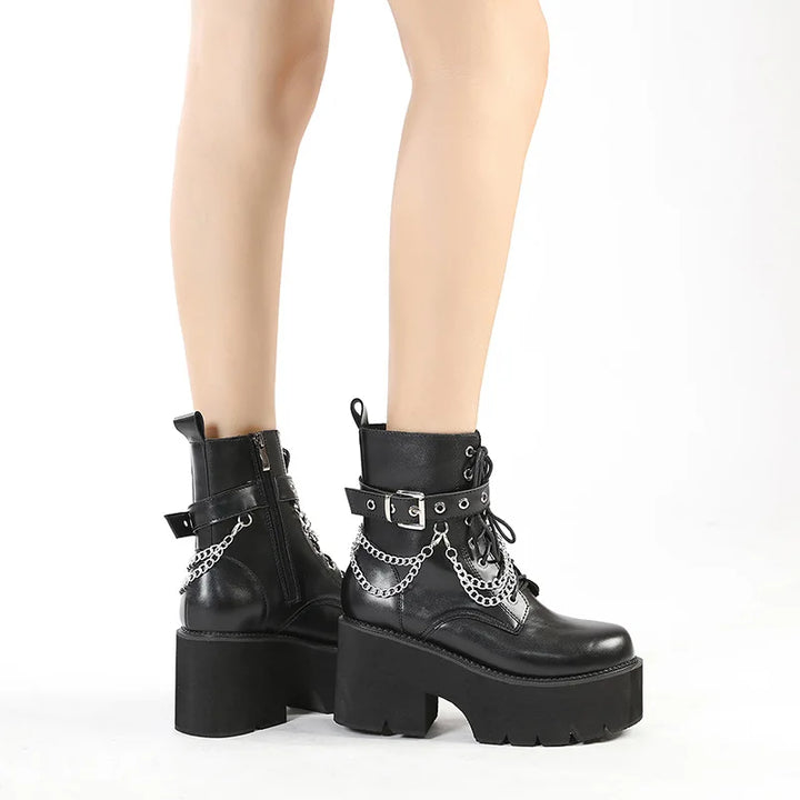 Drune | Frauen Plattform Schuhe Schwarze Gothic Schnalle Pu Leder Frau Creeper Punk Schuhe Weiblich Schwarze Stiefeletten Kurze Kampf Stiefel für Frauen