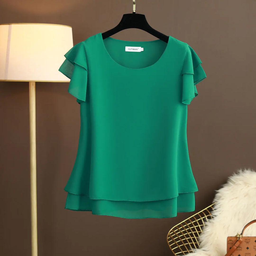 Drune | Chiffon Bluse mit O-Ausschnitt und Kurzen Ärmeln