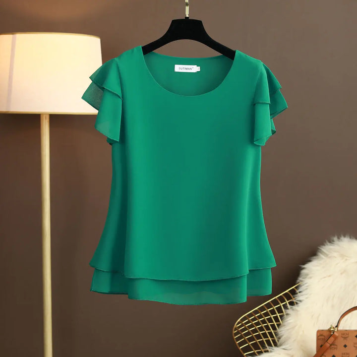 Drune | Chiffon Bluse mit O-Ausschnitt und Kurzen Ärmeln