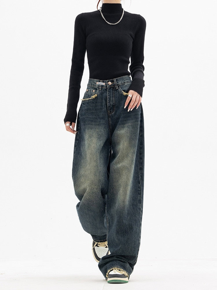 Drune - Trendy Baggy Wide Leg Jeans Damen | Jeans mit hoher Taille Lässige Streetwear