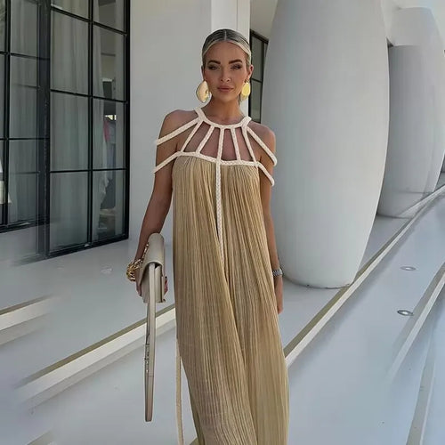 Drune | Grüne Bohemia Ferienanzug Frauen Elegant Solid Lässig Lockere Lange Kleider Sommer Sexy Geshitzte Rückenfreier Maxi Strandkleid Neu