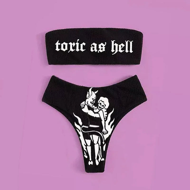 Drune | Sexy Goth Bikini Frauen Buchstaben Totenkopf Druck Badeanzug Split Badeanzug Hohe Taille Gotische Bikini Set Strandoutfits