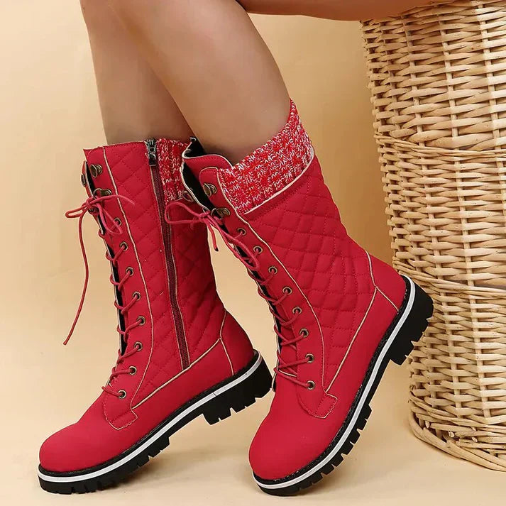 Drune |  Damen-Winterstiefel mit Schnürung & Reißverschluss - Warme Stiefeletten mit Strickbund & Profilsohle