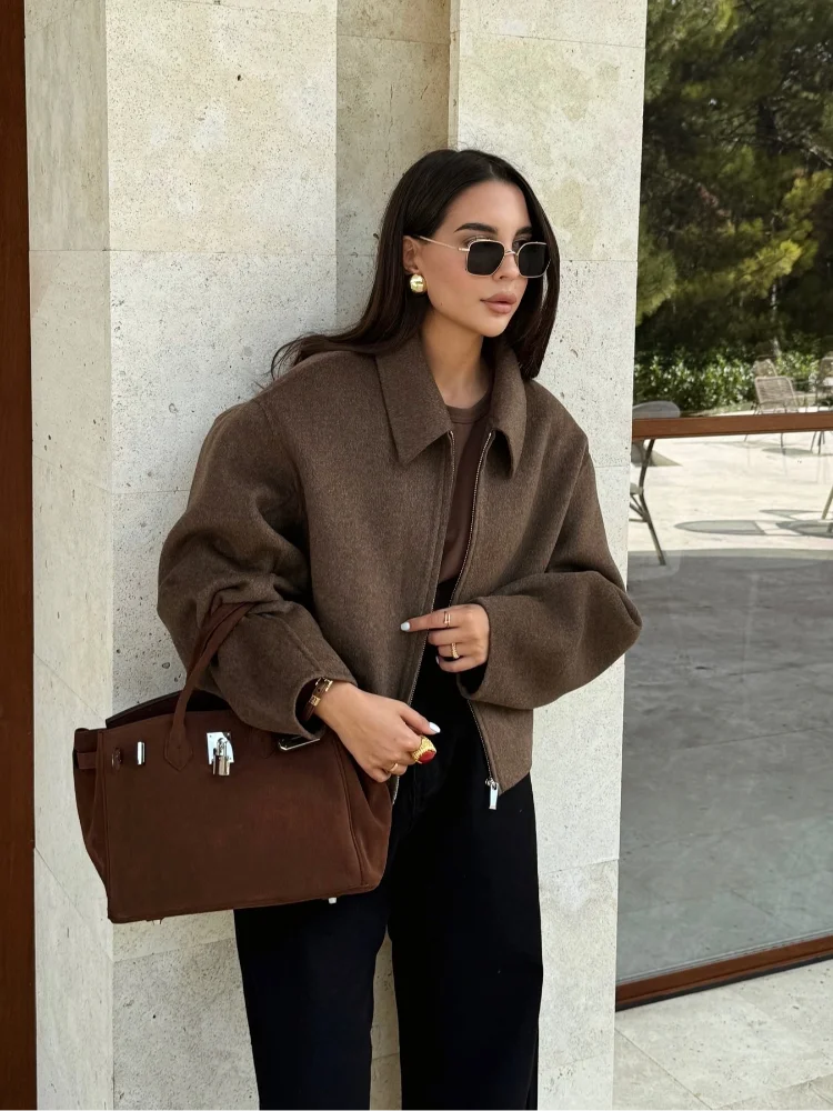 Drune | Braune Wolljacke Für Damen Mit Elegantem Kragen