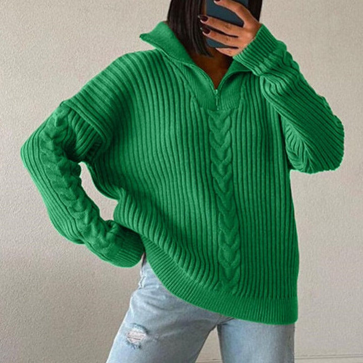 Drune V-Sweater | Bequemer Zopfpullover mit V-Ausschnitt, Rollkragen und Reißverschluss