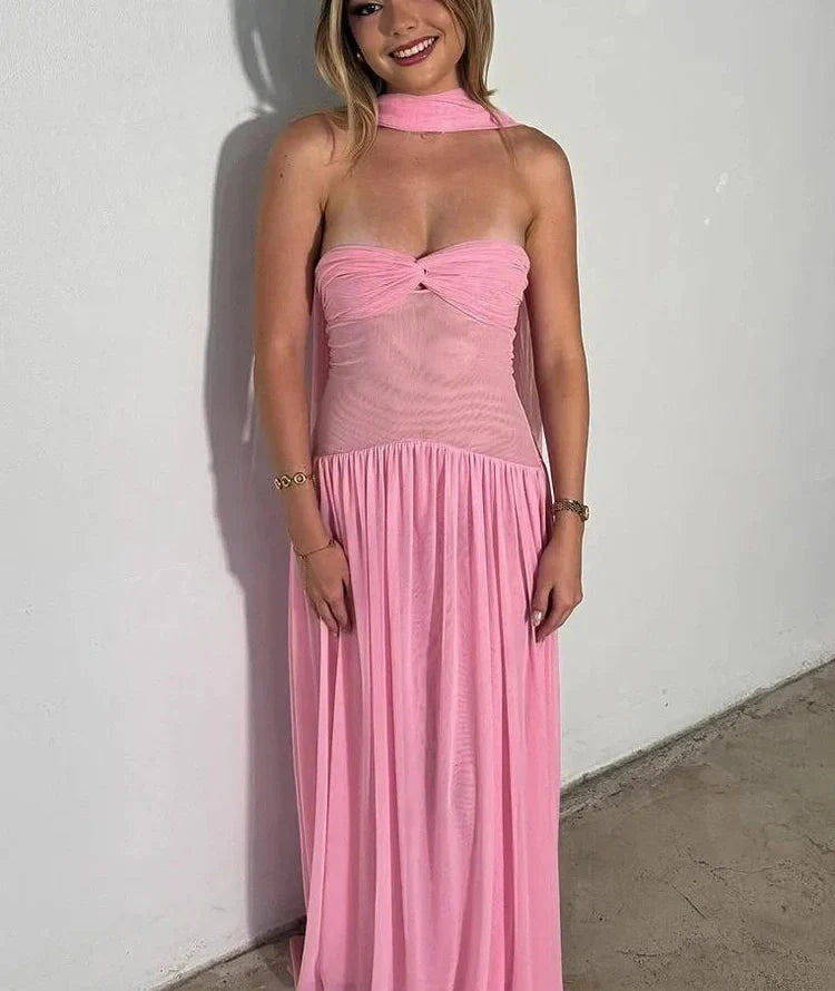 Drune | Patchwork Maxi Kleid Schal Rückenfrei Strapless Rüschen Bankett